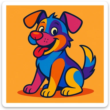 A cute cartoon dog, colorful fur, dynamic pose, sitting. sticker