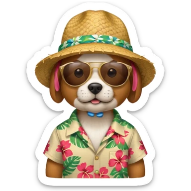 dog with sunglasses and straw hat, hawaii shirt sticker