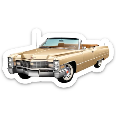 Iconic beige 1966 Cadillac DeVille with distinct front grille and headlights, precise three-quarter view at 30 degrees, authentic vintage luxury proportions, as seen in Once Upon a Hollywood, iOS emoji style sticker