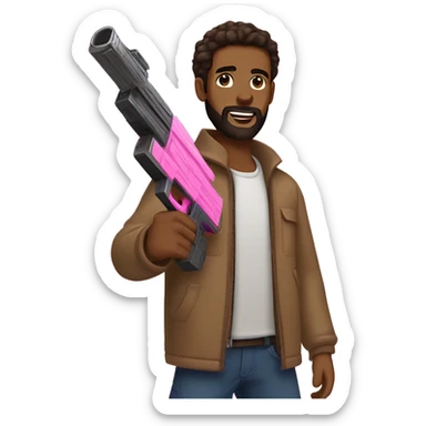 Tan man with dark brown hair, brown eyes, and a beard, holding a sparkly pink nerf gun sticker