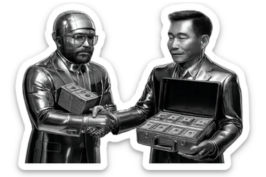 Two men with light white skin tones, both wearing shiny chrome suits, no beanie. One man is holding a stack of money, the other is holding an open briefcase full of money, and they are shaking hands. Transparent background. sticker