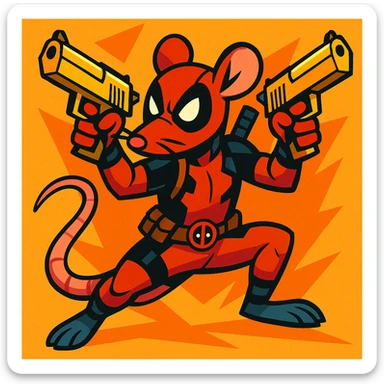 A rat in a Deadpool costume, dual-wielding gold Deagle pistols, action stance, vibrant colors sticker
