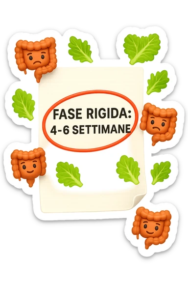 EMOJI STILE IPHONE DI UN foglio di carta fluttua in aria con la scritta "FASE RIGIDA: 4-6 SETTIMANE" CERCHIATA A PENNA IN ROSSO, ATTORNO AL FOGLIO FLUTTUANO PICCOLI TRATTI DI COLON UMANO IN STILE EMOJI E FOGLIE DI INSALATA, REALISTICA 4K sticker