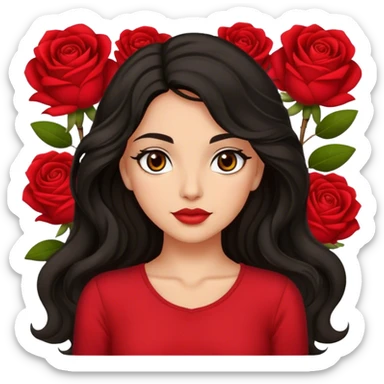 Olive brown eyed women with black long wavy hair rose background red top sticker