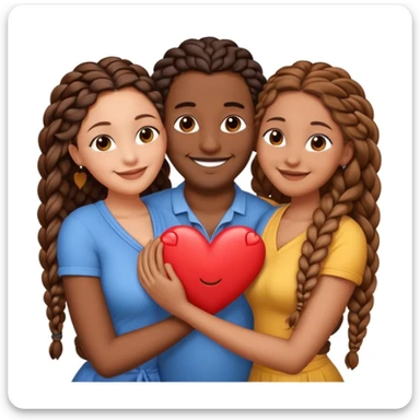 A throuple, with one tall large brown skinned black man with a low cut, a brown skinned large woman with long hair, and a brown skinned woman with braids, embracing each other, heart emoji sticker
