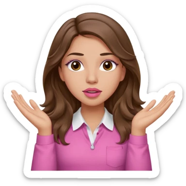 girl with long wavy brown hair, brown eyes, light to medium complexion, in a pink shirt, pink lips, long lashes, puckered lips, both hands all the way up for worship sticker