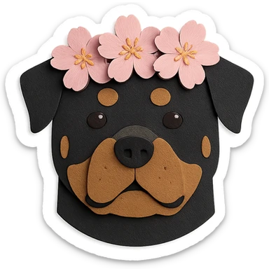 rottweiler with a cherry blossom flower crown in paper craft style sticker