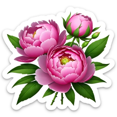 bouquet pink Peony, luxuriant, stem, leaf, bud sticker