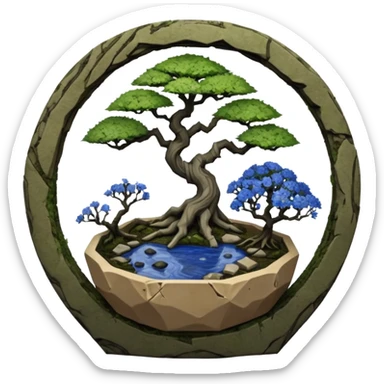Alien vines landscape mudman very old broken cracked intricate Stone Age rocky-crusted irregular dodecagon-shaped shallow dark moss rough bark blue willow flowered maple tree bonsai pot sticker