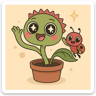Add a playful tiny bug friend waving at the Venus flytrap, maintaining the cartoon style with bright colors and expressive features. sticker