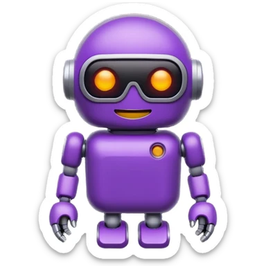Cute deep purple robot emoji, pill-shaped body, dark visor with glowing white simple eyes and smile. Flat 2D vector art, die-cut sticker with white border, minimalist, white background. sticker