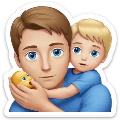 A white man brown hair, blue narrow eyes with a small child with golden hair and blue eyes in his arms is peeping, the emphasis is on the eyes, white skin sticker