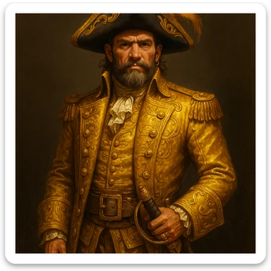 a pirate in a golden uniform and a hat with a golden feather, detailed, character design sticker