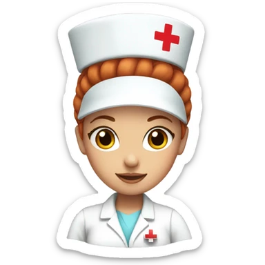 nurse with red hair in a bun and white hat with red cross sticker
