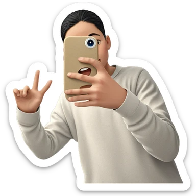 boy taking selfie against wall sticker