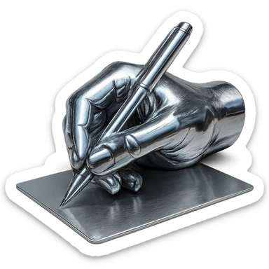 reflective chrome hand with a pen, writing on a sheet of paper, highly metallic sticker