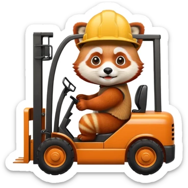 Red panda driving forklift. Make sure it looks like a red panda with all fur variations. Put a hard hat on the panda sticker