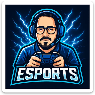 Design a stylized eSports logo using the reference photo. Show the person with a blue gaming headset, holding a controller, with bold blue and white glowing effects and a lightning background. sticker