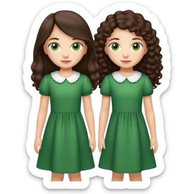 Two moppet girls, 1: long ironed straight darkbrown hair, green eyes, 2: long curly darkbrown hair, brown eyes sticker