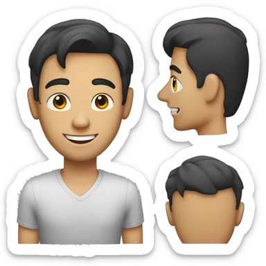 a guy with a haircut on both sides, like a bob, only to the ears, dark hair, he smiles and holds a laptop sticker