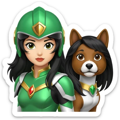 female green power ranger with wasian features, long black hair flowing from helmet, cockapoo dog at her side sticker