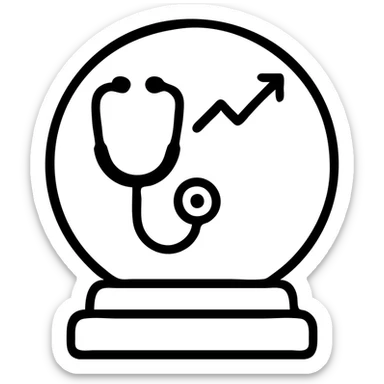 Add an upward slope or rising line graph inside the crystal ball to symbolize improvement and positive healthcare outcomes. Keep the icon style minimal, maintaining stethoscope and dollar sign, with blue and green color hints. sticker