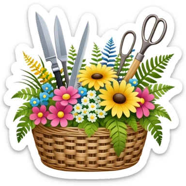 Icon for Floristry: a woven basket with flowers, reeds, ferns, bright ribbons and a small plush toy. Add big garden scissors and knife. The icon should represent creativity in flower arrangement and decorative design. Transparent background. sticker