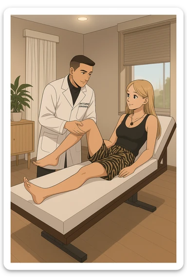 fai un webtoon/manga a colori con questo kinesiologo in camice bianco (fagli la scritta "ANTONIO ANANIA" SUL CAMICE) CHE SVOLGE UN TEST NEUROMUSCOLARE SOLLEVANDO UNA GAMBA ALLA RAGAZZA CHE è STESA SU UN LETTINO BIANCO. STANZA SEMPLICE E MODERNA, DURANTE IL TEST I DUE DIALOGANO TRA LORO. NON FARE I FUMETTI, FAI SOLO LORO COME SE DIALOGASSERO sticker