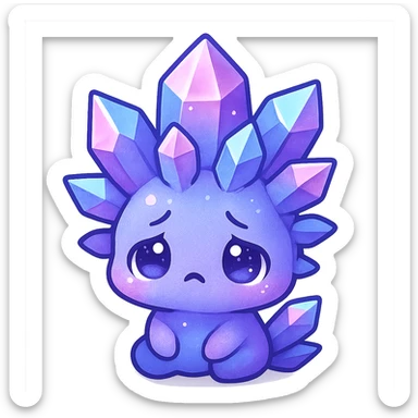 chibi kawaii crystal sprite creature, purple blue and pink colors, sad expression, cute and adorable sticker