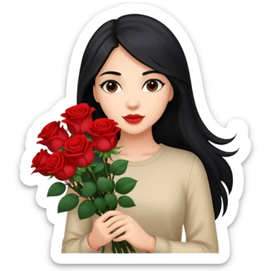 A beautiful girl with long black hair holding a bouquet of roses sticker