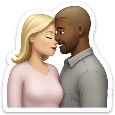 kiss-kiss white woman with blonde hair and a light pink shirt kissing a white man with short brown hair wearing a grey shirt sticker