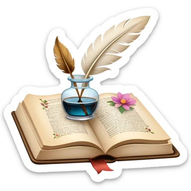 Icon for Poetry Reading: an open book with flowing verses on the pages, surrounded by a quill, ink bottle, and delicate flowers. The icon should evoke the beauty and emotion of poetry. Transparent background. sticker