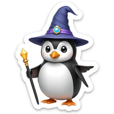 Penguin wearing a wizard hat and holding a magic wand sticker
