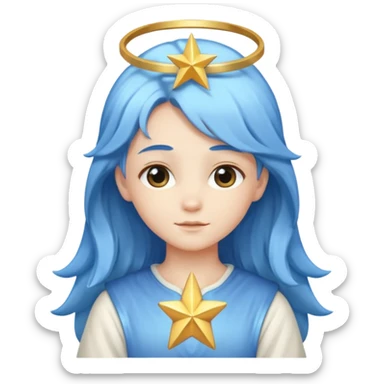 A soft-faced angel with flowing blue hair and glowing halo, holding a small star.






 sticker