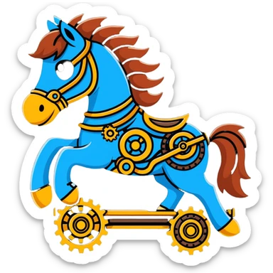 Steampunk mechanical horse with exposed gears, cogs, wires, and rope details sticker