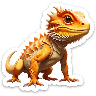 cinematic-bearded-dragon-realistic-full-body-standing on all fours-emoji,-rough-scaled-body-balanced-on-strong-legs,-spiky-throat-slightly-flared,-head-tilted-dramatically,-warm-orange-and-brown-patterns-glowing-under-the-sun,-simplified-yet-realistic-focused-features,-highly-detailed,-glowing-with-an-almost-sarcastic-glow sticker