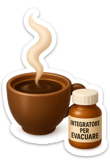 EMOJI STILE IPHONE 3D DI un caffè e di una boccetta di integratore con la scritta "INTEGRATORE PER EVACUARE" SULL'ETICHETTA, iperrealistico 4k sticker