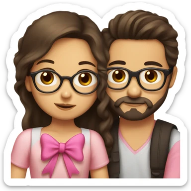 girl with dark brown hair and a pink bow kissing a boy with a beard and glasses and a bow sticker