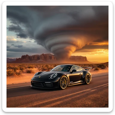 Cinematic still of a A modern desert mountain, wallpaper, modern, porsche 911, sunset, arizona desert, tornado in background sticker