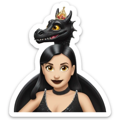 Lavish Victorian evening gown, young Morticia Addams Jedi wearing a mini tiara, riding on the back of a very large black shiny evil-looking fire-spewing horned dragon sticker