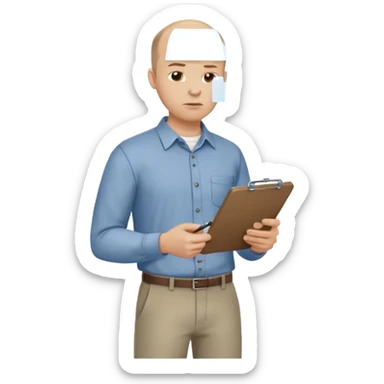 man mid 30's tired shirt and trousers balding hairline standing holding a clipboard sticker