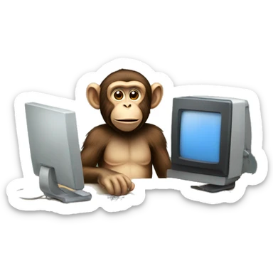 A monkey at a computer. There's a lot of money next to it. sticker