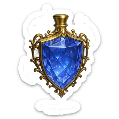 premium class crystal elixir bottle in shield shape, color #7986cb, lots of shining, edges, ornaments, golden details, magical effects, very small golden neck, transparent background, beautiful seamless base, bottle clearly floating in air, no base or shadow, very luxurious, modern, matching the collection sticker