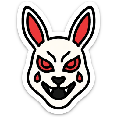 intricate white rabbit mask with red accents, evil expression sticker