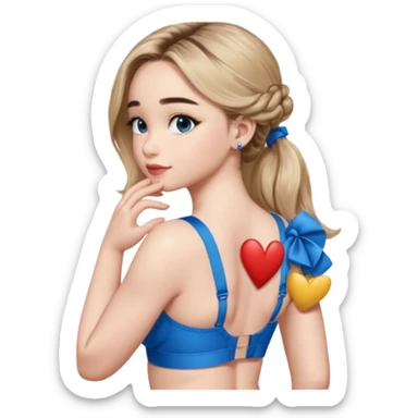 Sabrina carpenter side view with her hands folded and a kiss mark on her back, wearing a blue bra sticker