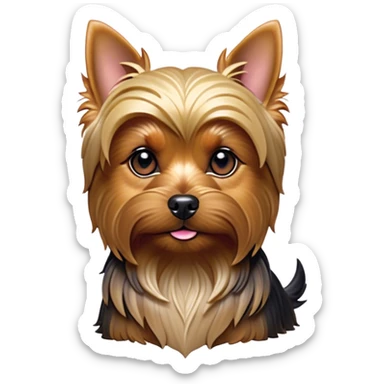 Cinematic Noble Yorkshire Terrier Portrait Emoji, Exuding refined charm and dignified poise, with a lustrous, silky fur in rich, deep hues, alert eyes and a confident expression, simplified yet exquisitely detailed, glowing with a soft, aristocratic radiance, high shine, embodying intelligent grace and classic elegance, soft glowing outline, capturing the essence of a regal Yorkshire Terrier ready to rule the screen with effortless sophistication! sticker