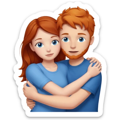 Ginger boy hugging brunette girl. Both have blue eyes.  sticker