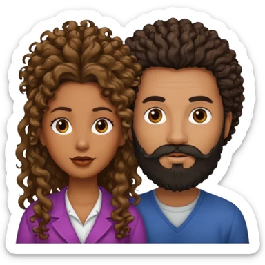 Beso mujer morena rizada cabello largo y hombre blanco con barba negra sticker