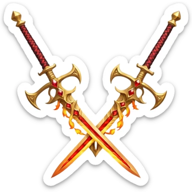 Two powerful on fire fully golden fiery royal crossed swords with red gems sticker