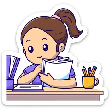 Girl with ponytail reading a notebook while sitting at desk sticker